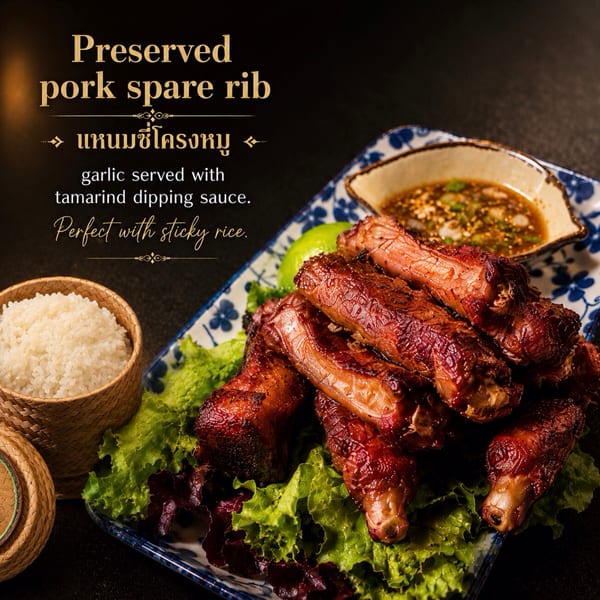 Preserved pork spare ribs on lettuce with tamarind dipping sauce and sticky rice.