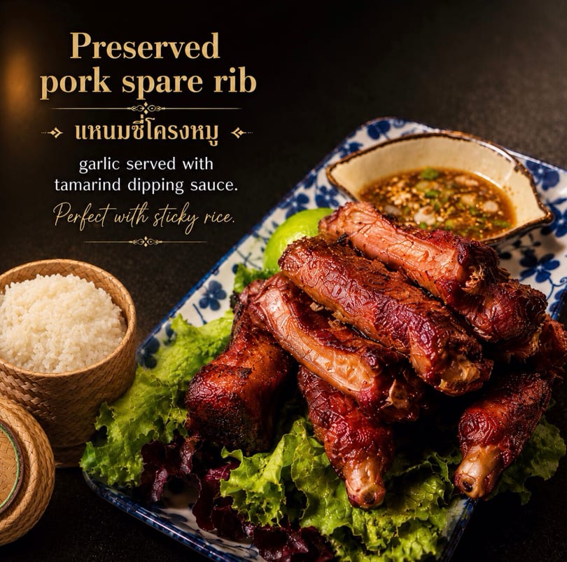 Preserved pork spare ribs on lettuce with tamarind dipping sauce and sticky rice.