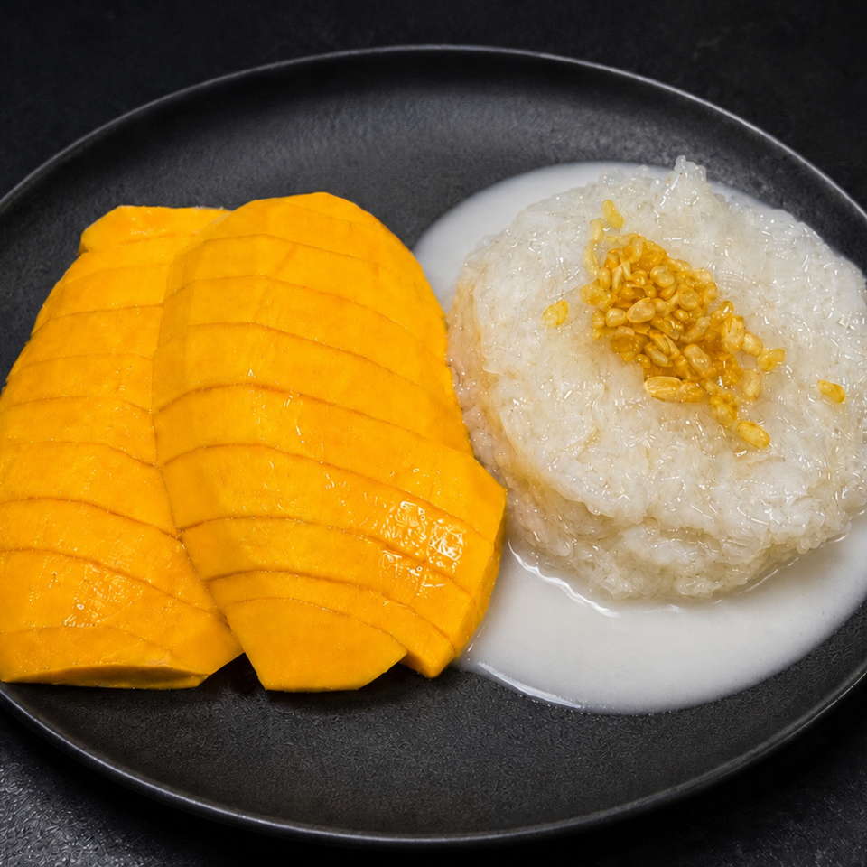 Mango sticky rice dessert with sliced mango, sticky rice, coconut milk, and golden crispy mung beans.